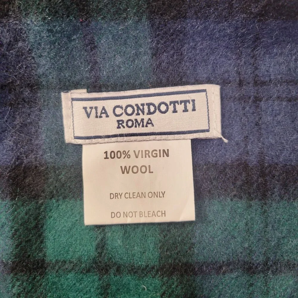 Via Condotti Roma Green & Blue Plaid Virgin Wool Scarf With Fringe